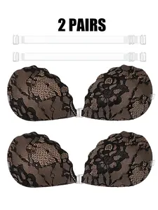 2pairs Lace Invisible Push Up Bra - Strapless Self-Adhesive Lifting Wireless Bandeau Bra With Clear Straps, Reusable Adhesive Nipple Covers For Wedding Dresses, Dresses And Gowns