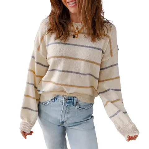 Asvivid Fall Spring Clothes for Women Multicolour Striped Long Sleeve Ribbed Edge Drop Shoulder Sweater Casual Fashion Knitwear Pullover Sweaters Tops