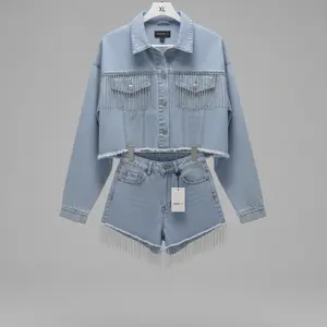 Forever 21 XL Denim Jacket & Shorts Set Size 32 with Fringe Details and Button Closure