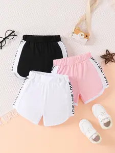Summer 3-Piece Set Girls' Dig Beach Shorts, Colorblock Graphic Shorts, Casual Vacation Shorts, Fitted Short Pants for Kids