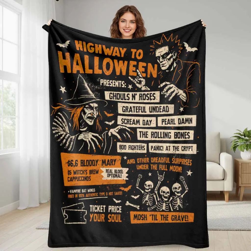 Gothic Witch & Skeleton Printed Flannel Blanket - Soft Breathable Stylish Aesthetic Look Throw, Blanket for Bed, Cozy Lightweight Decor for Living Room, Autumn Warmth, Gift for Music Enthusiasts