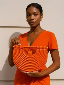 Aurora Arc Semi-Circular Handbag in Orange PU Leather with Ridged Texture Medium Size for Evening & Casual Chic