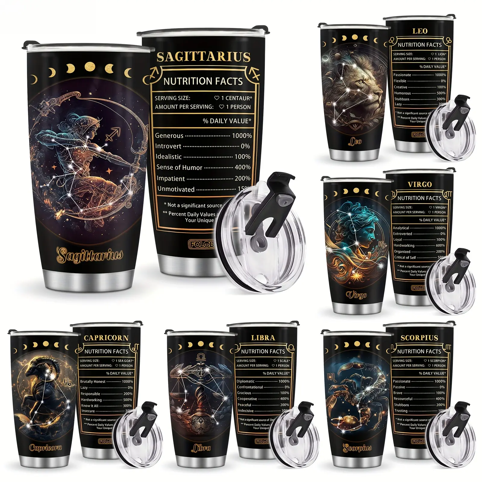 20oz Double-Wall Insulated Stainless Steel Flask - Watercolor Zodiac Constellation Printed, Portable Gothic Fantasy Tumbler, Reusable Coffee Cup with Lid, Witchy Astrology Travel Mug, Gift-Ready for Adults' Anniversaries