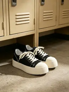 Unisex Black-White Height Boost Platform Canvas Shoes: Slimming Commute Style, Platform Height Boost, Breathable Canvas, Contrast Design. Ideal for office commute/campus classes
