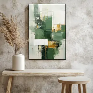 Green Geometric Abstract Modern Rectangle Art Gold Line Painting Block Print Contemporary Composition Elegant Artwork Wall Art Poster Abstract Canvas Minimalist Indoor Decor for Home Office Living Room