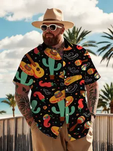 Large Size Men's Mexican Style All over Print Shirt, Summer Loose Fit Breathable Short Sleeve, Fun Beach Vacation Top for Plus Size