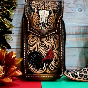 Rooster Longhorn Western Phone Holster Genuine Leather Phone Belt Holster  Hand Tooled button closure Handmade in Mexico