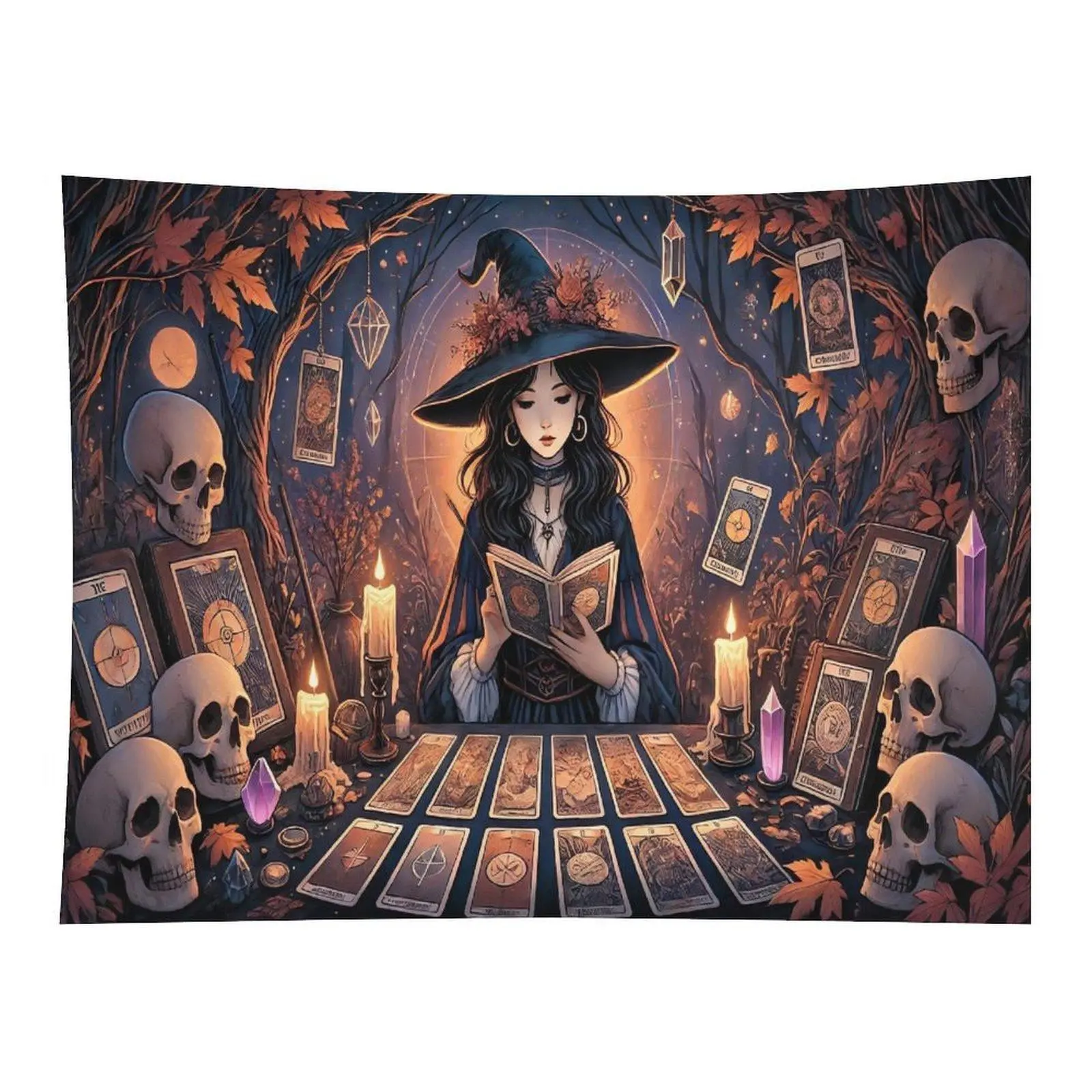 Dark Autumn Witch Tarot Skull Crystal Maple Tree Candle Witchy Wall Tapestry Wall Hanging, Gothic Spooky Halloween Mystic Occult Decor for Altar Moody Dorm Backdrop