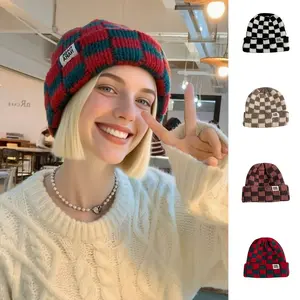 [Christmas Gift] 1pc Checkerboard Beanie with Ear Flaps & Stretch Fit - Warm Winter Hat for Men & Women, 7 Color Options (Red/Green/White/Black), Machine Washable, Christmas Gift & Daily Outfits, Autumn & Winter Season, Unisex Cuffed Cap