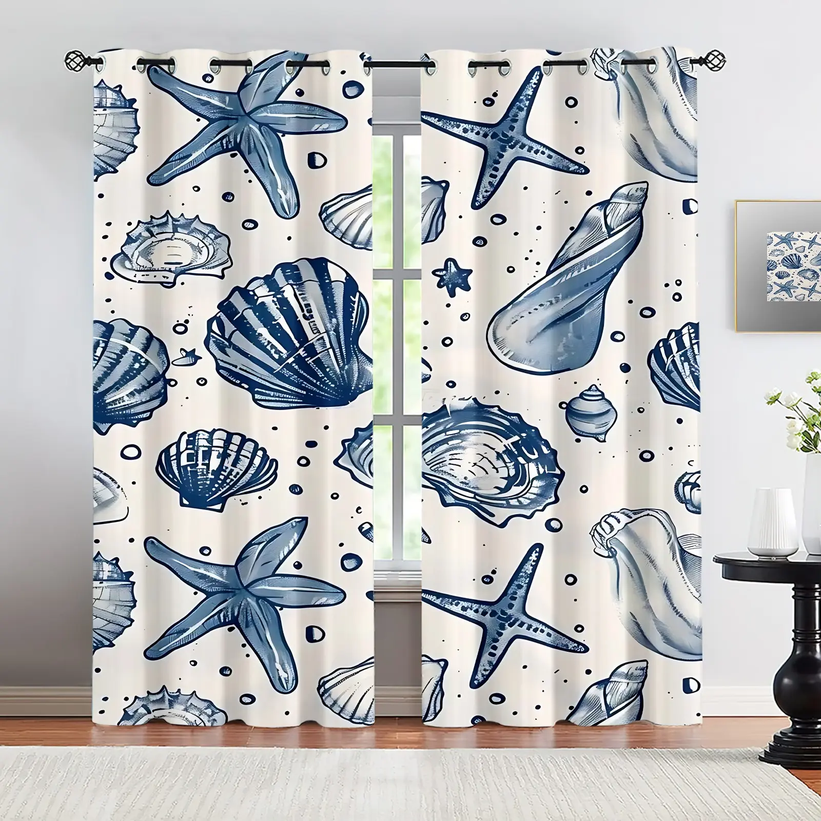 2Pcs Marine Theme Curtains, Home Decorative Curtain, Home Decoration Curtain, Window Drapes, Hand-Drawn Ink-Wash Design with Starfish and Shells in Muted Blue and Cream, Perfect for Coastal Living Rooms, Bedrooms, Removable and Machine Washable
