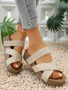 Women's Cross Strap Platform Slide Sandals, Woven Band Open Toe Wedge Slippers, Casual Summer Non-slip Beach Slides