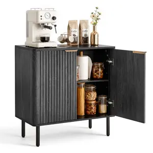 VEVOR Coffee Bar Cabinet, Mid Century Fluted Coffee Bar Table with 2-Tier Storage, Buffet Stand Cabinet with Barn Door, Sideboard Buffet Station for Living Room, Entryway, 31.5 x 14.7 x 31.5 in, Black
