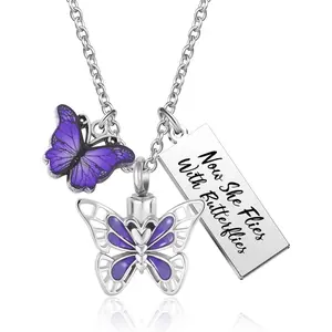 Purple Butterfly Cremation Urn Necklace for Ashes Keepsake Memorial Jewelry Engraved Now She Flies with Butterflies