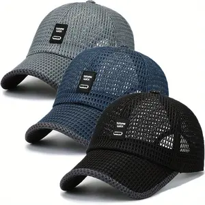 3pcs Unisex Quick-Dry Breathable Mesh Baseball Caps - Adjustable Snapback, Stretch Fit, Large Brim Sun Hats for Summer Outdoor Sports & Casual Wear, Black & Gray Textured Design, Lifestyle, Snapback Style, Comfortable Fit, Individuals