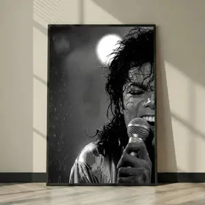 [SALE UP TO 45%] Michael Jackson Rain Concert Poster Print, Black and White Close up Singing Photo Wall Art, Iconic Pop Legend Decor