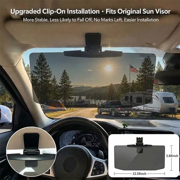Clip-On Universal Car Sun Visor Protector - 12.6"x5.7" Tinted Sun Shade for Car Windshield, Easy Attach Secure Clip, Anti-Glare, UV Protection Interior Accessory, Enhances Safety, Reduces Glare, Boosts Driving Experience, Car Sun Protection