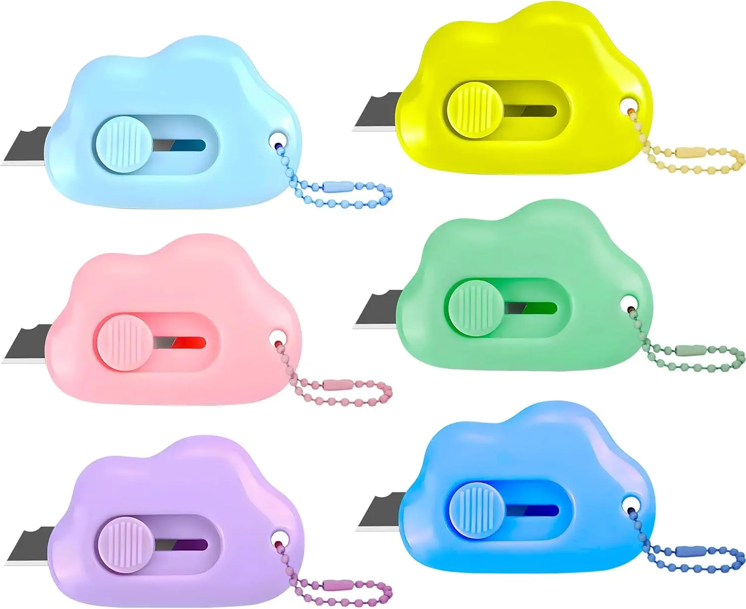 6 Pack Cloud Shaped Retractable Box Cutter Set -  with Key Rings,Stainless Steel Blade,Safe & Portable Letter Opener for Envelopes,Package,Mail,DIY,Paper Cutter for Home,Office,Outdoor (6 Color)