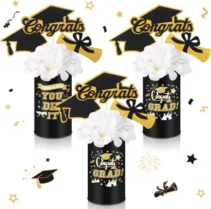 3 Sets Graduation Table Centerpiece Decorations Class of 2025 Includes 3 Silk Artificial Flower 9 Congrats Grad Sticks Picks Toppers 3 Metal Vases for  Party Supplies Gifts(Black)