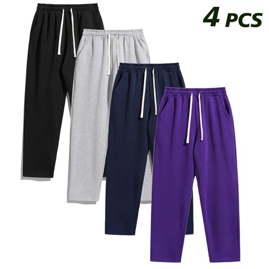 Men's Athleisure Joggers, 4-Pack Solid Jersey Pants with a Fitted Cut and Elastic Waist for Gym & Casual Wear, Sweatpants Outfit, Men's Pants, Full-Length