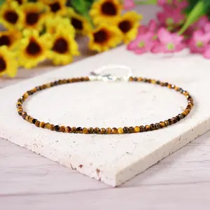 Natural Brown Tiger Eye 2mm Beads Ankle Bracelet Healing Balance Protection Women Men Crystal Handmade Sliver Chain Anklet Gifts