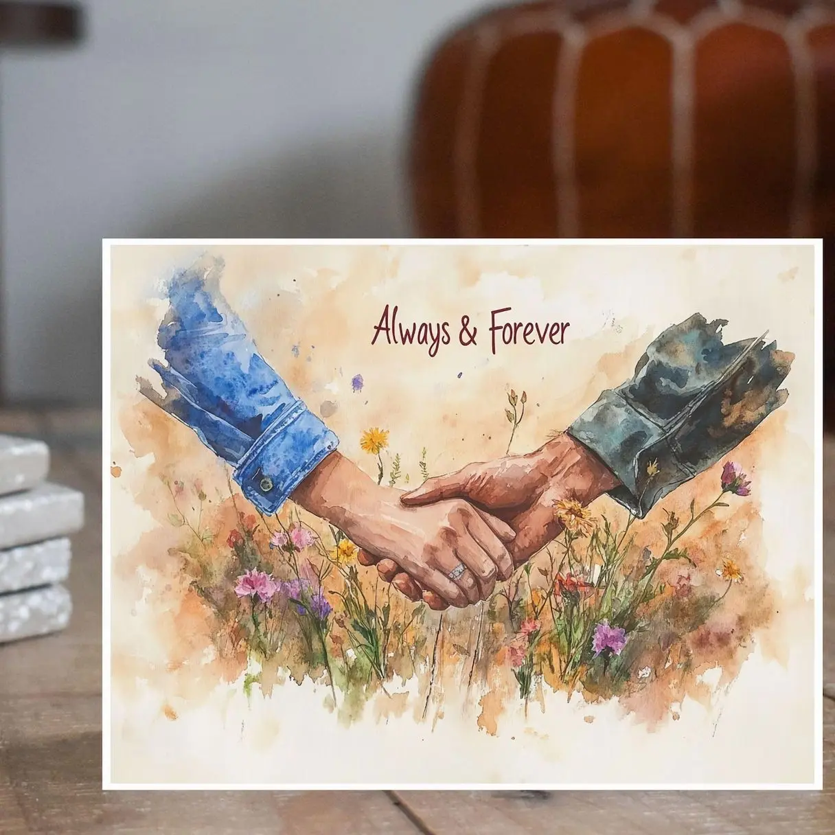Handmade 5x7 Always & Forever Love Card - Kraft Brown, Holding Hands in Wildflowers Watercolor Art, Romantic Gift Personalized Message Greeting Card for Anniversary (Office Stationery Supplies)