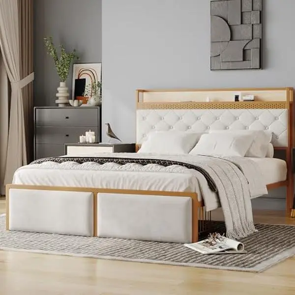 GARVEE Storage Bed with Footboard Drawers & LED Platform, Modern Super King Size Bed Frame with Built-in Nightlight & Storage, Space-Saving Platform Bed Frame for Bedroom (Wood Color)