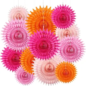 12PCS Orange and Hot Pink Paper Fans Tissue Paper Flowers Party Decorations for Girl Groovy Birthday Baby Shower Wedding Bachelorette Room Wall Hanging Décor