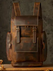 Men's Handmade Cowhide Leather Backpack, Large Capacity Motorcycle Bag, Travel Computer Backpack, Casual Style, All Seasons