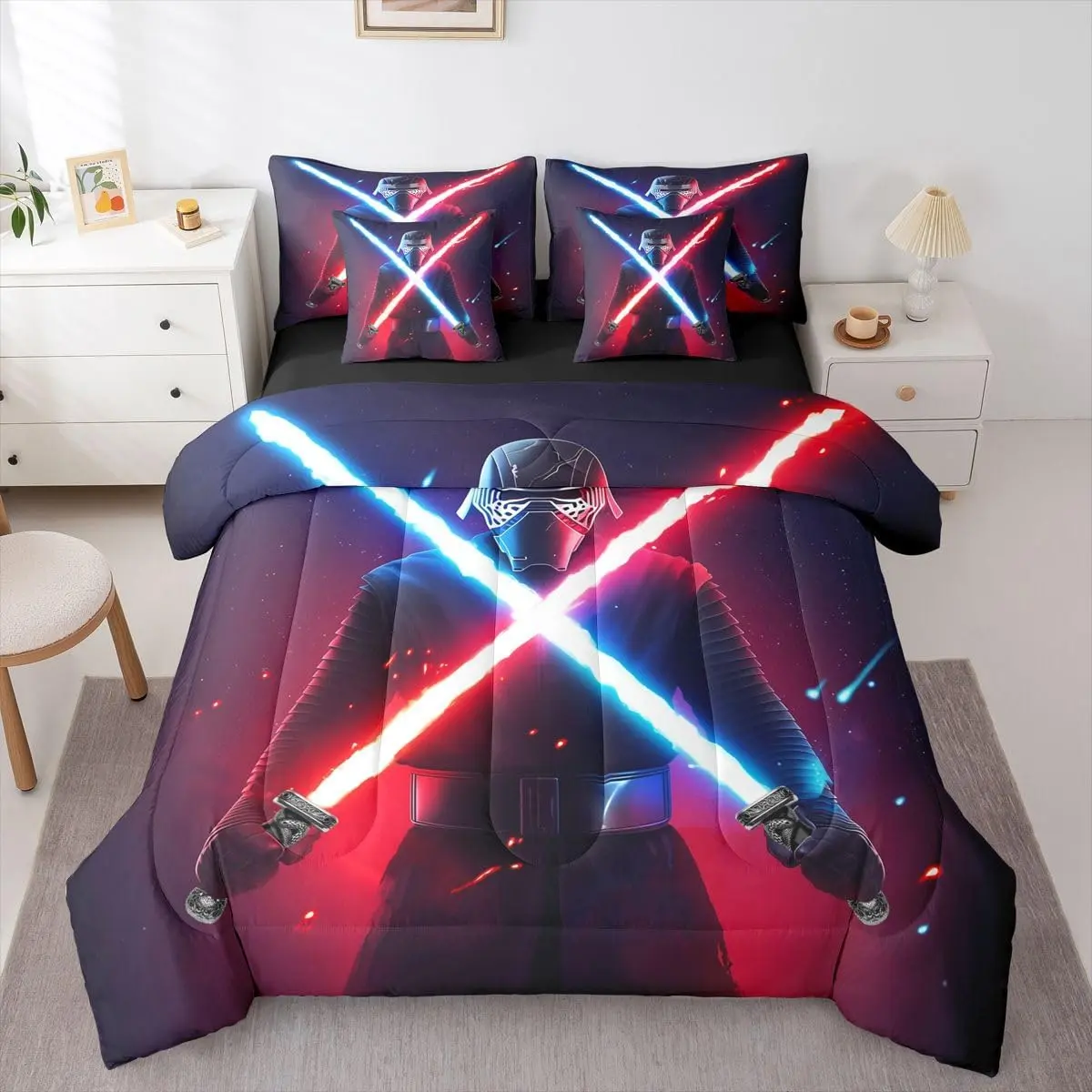 Kids Lightsaber Comforter Set with Sheets 3D Galaxy Neon Blue Red 7 Piece Bedding Set for Boys Girls Bedroom Bed Decor Fighters Lightsaber Bed in a Bag Neon Lightsaber Bed Set