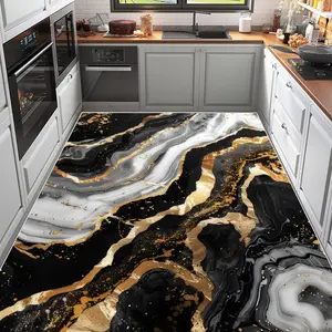 Crystal Velvet Gold Fluid Large Kitchen Rug, Non-Slip Waterproof Durable Structure, Easy to Clean, Ideal for Large Spaces