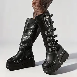 EROCALLI Womens Platform Mid Calf Boots for Women Goth Punk Combat Wedges Chunky High Heel booties with Lace up Round-Toe Side Zip  Round Toe Skull Chain Buckle Chunky Heel Back Zipper Thick Sole Booties