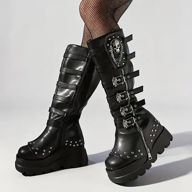 EROCALLI Women's Goth Punk Platform Combat Boots, PU Leather Mid-Calf Statement Shoes with Chunky Heel, Back Zip & Skull Chain Buckle, Alt Girls, Footwear Fashion, Party, Synthetic, Rubber Sole, Above The Ankle But Below The Knee, All Seasons, Casual Wear