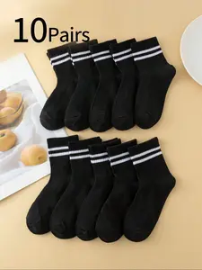 10 Pairs Kids Striped Socks, Boys Girls Toddler Middle School Sports Mid-Calf Socks, Spring Autumn Winter Casual Long Socks, Casual Stylish Socks