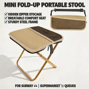 Mini Fold-up Portable Waiting Stool with Zipper Hidden Storage Compartment, Breathable Comfort Seat Cloth and Thickened Sturdy Steel Pipe Support Frame,  Practical Daily Urban Essential for Long Queue Waiting at Subway Stations,Supermarket Lines