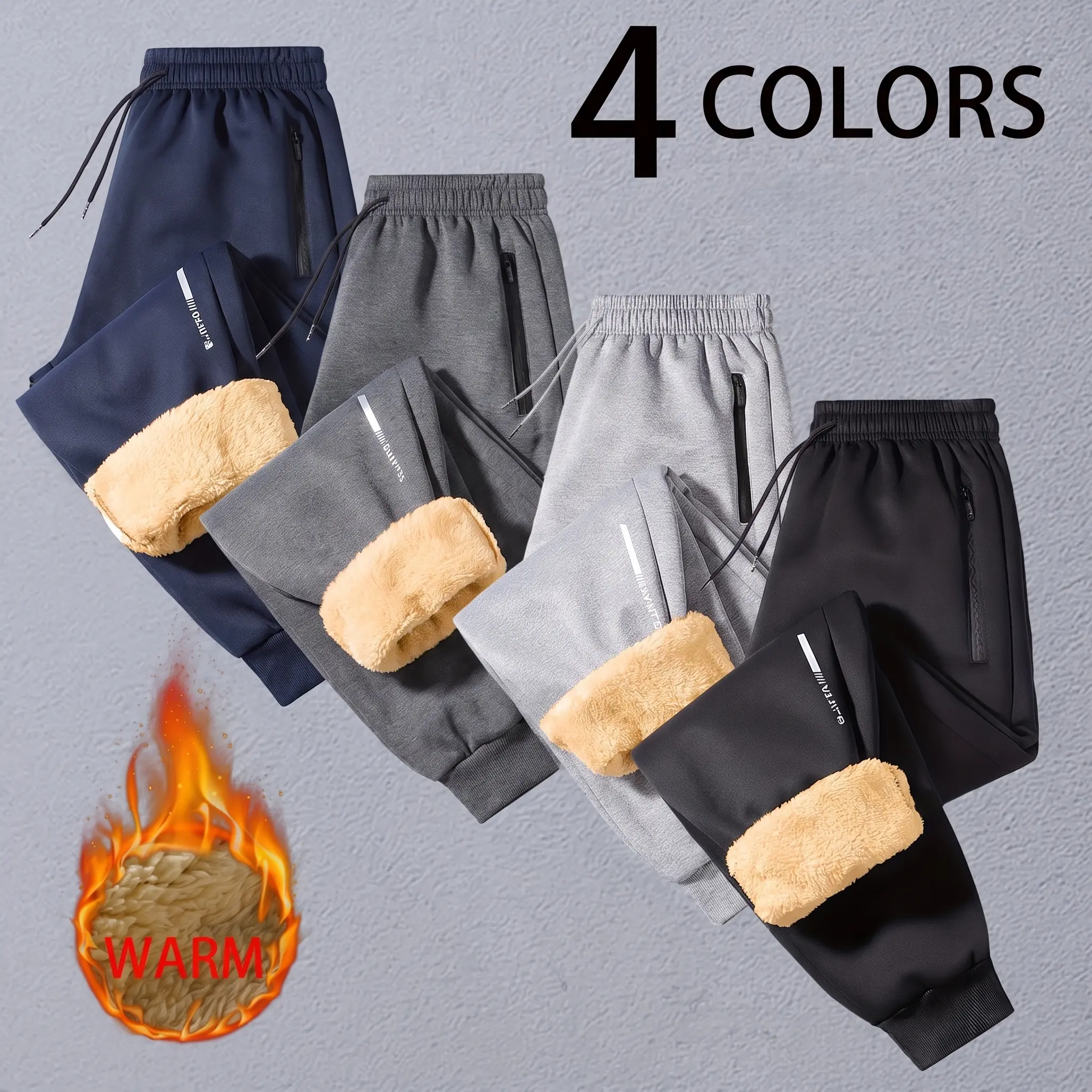 Men’s 3-pack fleece-lined warm long pants—warm athletic long pants and jogger/jogging pants—with a thickened design that quickly traps heat and keeps you warm, zippered pockets on the outer side, reflective letter decoration, suitable for outdoor activiti