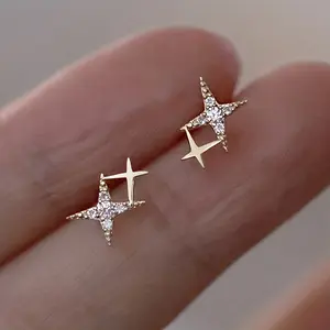 18K Golden Plated Double Star Stud Earrings, Synthetic Zirconia, April Birthstone, Copper Ear Needle, Nickel-Free, Simple Cute Style, Celestial Symbol Design, Daily & Party Wear, Mardi Gras Day Jewelry Gift