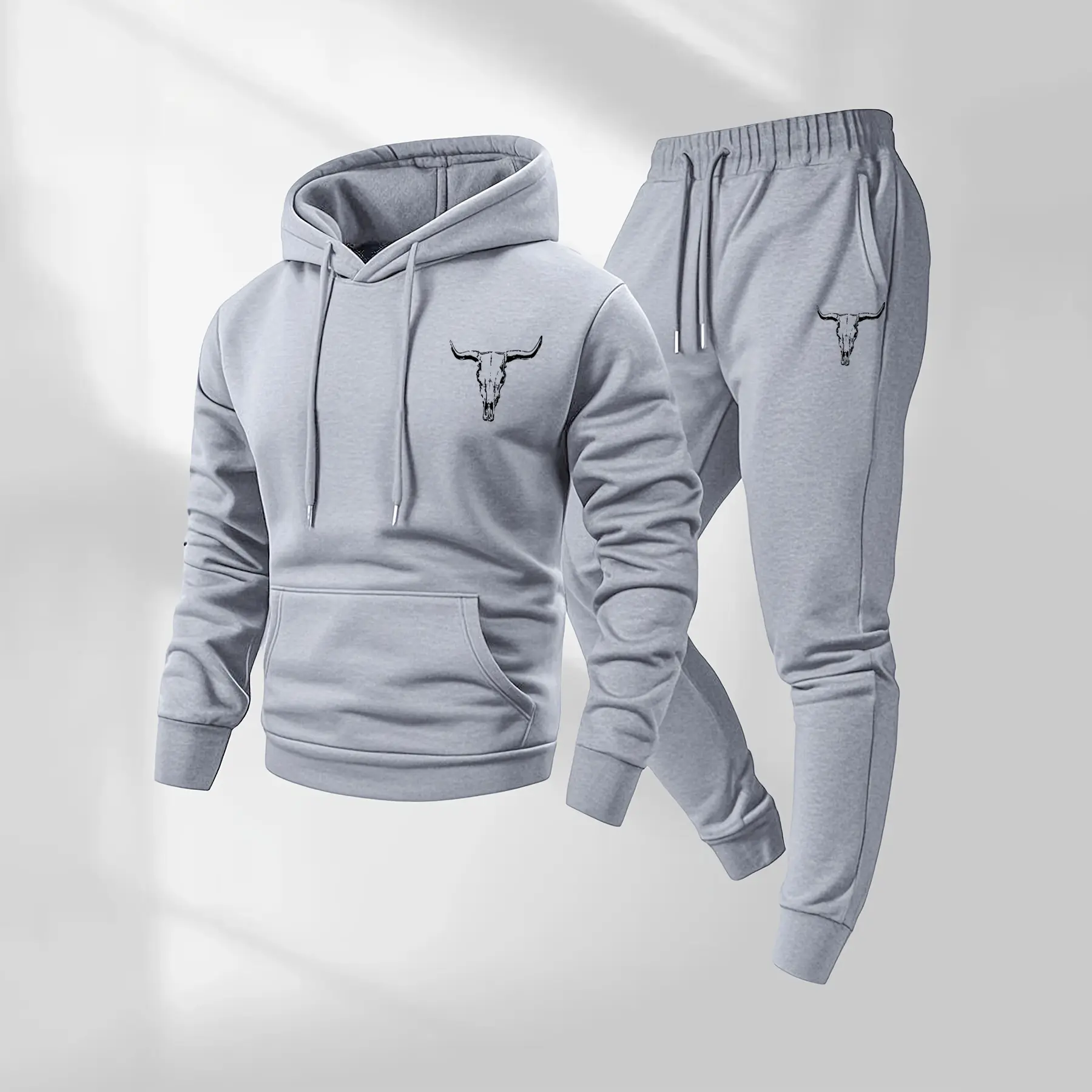 Men's Western-Style Bull Print Hooded Sweatshirt And Drawstring Sweatpants Set, Men's Clothing, Casual Sports Long-Sleeved Hooded Jacket And Pants, Suitable For Autumn And Winter Wear, Men's Everyday Casual Wear, Indoor And Outdoor Sportswear, Tracksuit.