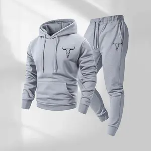 Men's Western-Style Bull Print Hooded Sweatshirt And Drawstring Sweatpants Set, Men's Clothing, Casual Sports Long-Sleeved Hooded Jacket And Pants, Suitable For Autumn And Winter Wear, Men's Everyday Casual Wear, Indoor And Outdoor Sportswear, Tracksuit.