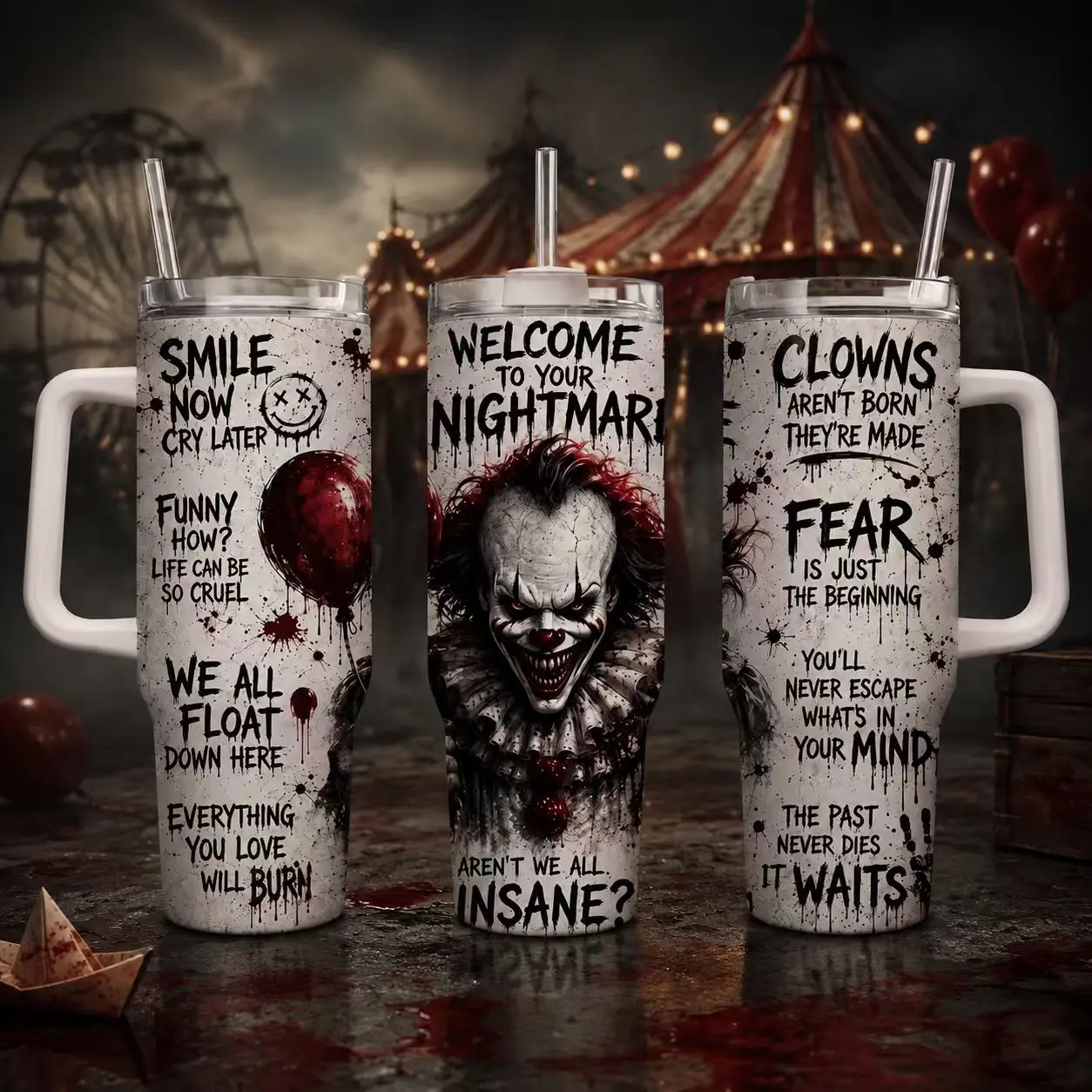 Pennywise IT Movie 40oz Insulated Stainless Steel Flask Tumbler With Handle & Straw, Welcome To Your Nightmare Travel Mug, Stephen King Horror Clown Cup, Halloween Drinkware, Horror Fan Gift, Flasks