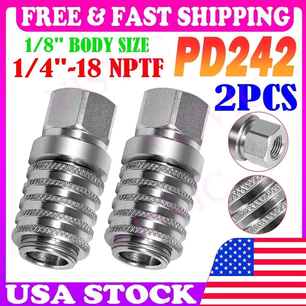 2x PD242 Series PD Steel Quick Coupling Female, 1/8" Body, Knurled Sleeve, Push-To-Connect Test Access Port for Car Engine & Transmission Diagnostic Equipment
