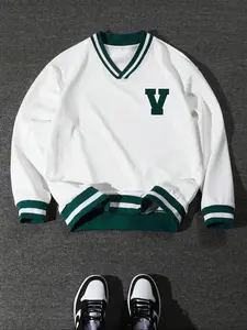 City Letter Print Vintage Long Sleeve Knit Sweatshirt, Unisex Colorblock Pullover Hoodie, Casual Loose Fit Winter Wear, Comfortable Retro Sportswear, Knitwear