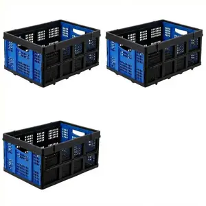 3Pack Blue Collapsible Storage Baskets Foldable Plastic Crates Stackable Organizing Bins
