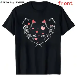 Skeleton Dancing Black T-Shirt with Heart Motif – Ideal Valentine Gift