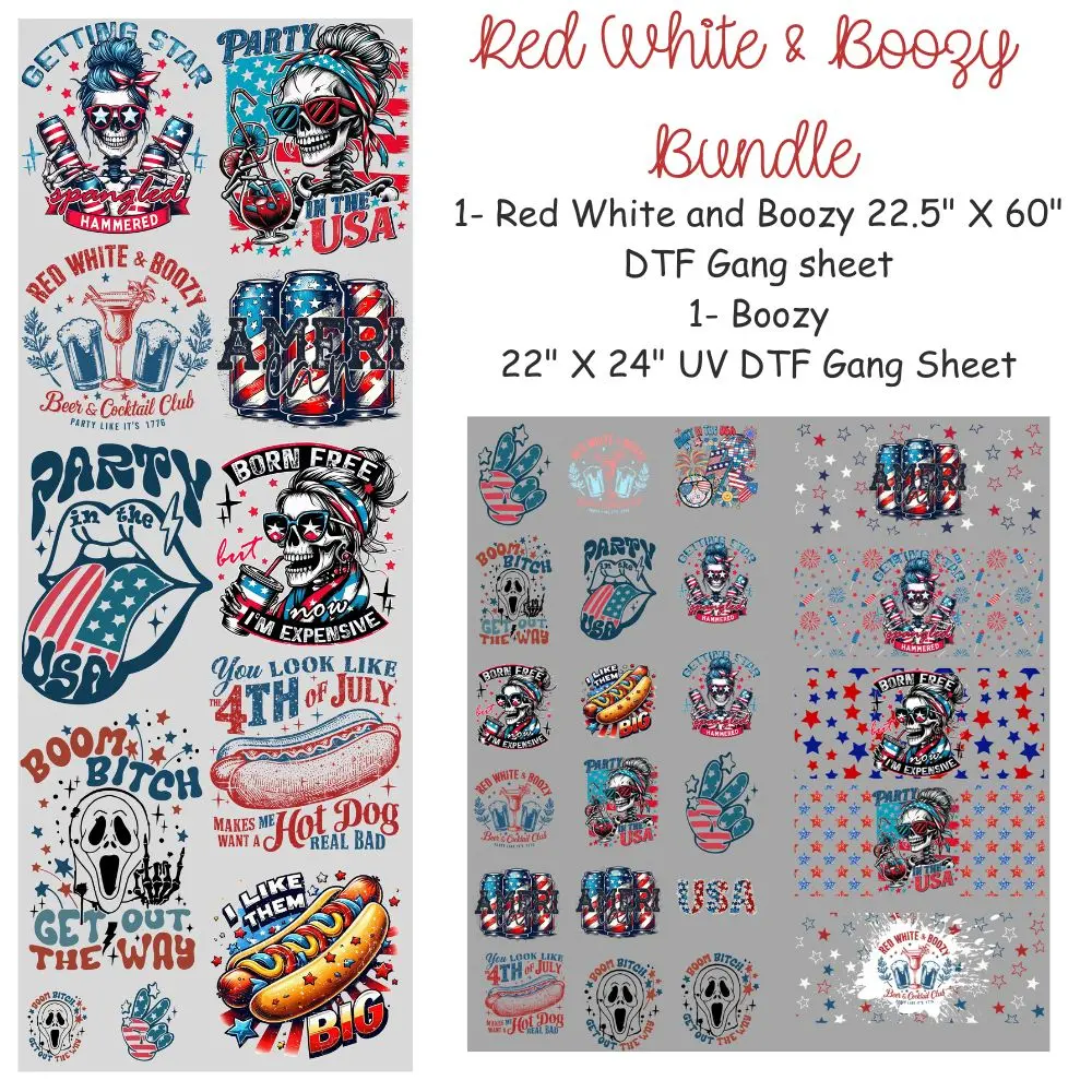 Boozy Bundle 22" X 24" UV DTF and a  DTF Transfers Gang Sheet 22” wide x 60” long DIY Direct to Film T Shirt Transfers