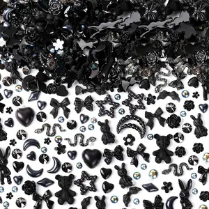 110 Pieces 3D Nail Charms for Acrylic Nails, Camellia Rose Flower Butterfly Bowknot Heart Bear Rabbit Star Charms for Nail Art Designs DIY Accessories Craft(Black+2)