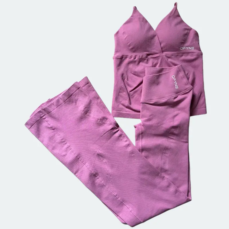 Dfyne Women's 2-Piece Gym Set, Crossover V-Neck Sports Bra for Women and Flared Yoga Pants, Soft Stretch Workout Clothes, Women's Clothes