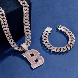 3Pcs Luxury A/B/M/N/S Initial Pendant Necklace and Bracelet Set, Sparkling Full Diamond Miami Cuban Chain - Hip-hop and Rock Punk Style, Suitable for Street Parties and Celebrations - Fashionable Gift for Family or Friends, with Exquisite Gift Box