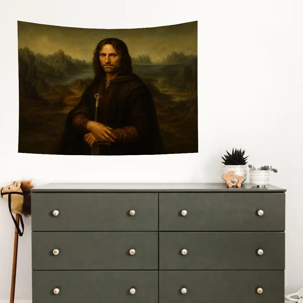 The Mona Aragorn Lisa Meme Tapestry – Funny Medieval LOTR Inspired Wall Art, Dark Fantasy Aesthetic Room Decor