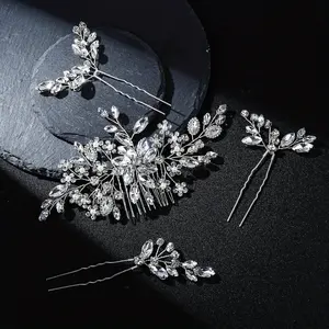 4 Pcs Crystal Haircomb & Hairpins, Silvery Sparkling Rhinestone Hairclip, Elegant Bride Hair Accessories Set, Suitable for Quinceanera, Wedding, Prom