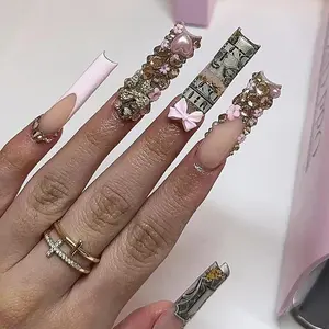 Press on Nails Extra Long Square PINK Money with Embellishments and Bow Design for Stylish Look